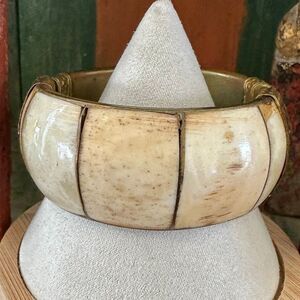 Vintage Carved Bone & Brass Hinged Bracelet